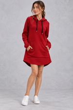 Women's red hooded sweatshirt mini dress with drawstring hood and kangaroo pocket – front view