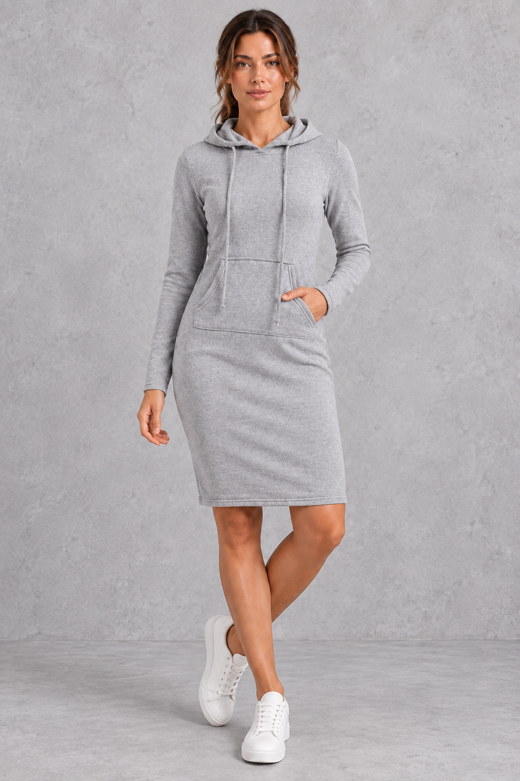 Women's grey hoodie dress with kangaroo pocket – front view
