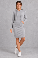 Women's grey hoodie dress with kangaroo pocket – front view