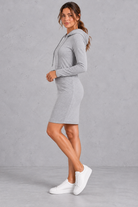 Women's grey hoodie dress with drawstring hood – side view