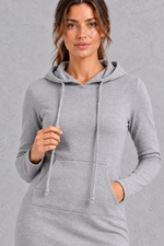 Women's grey hoodie dress – close-up of drawstring hood and kangaroo pocket