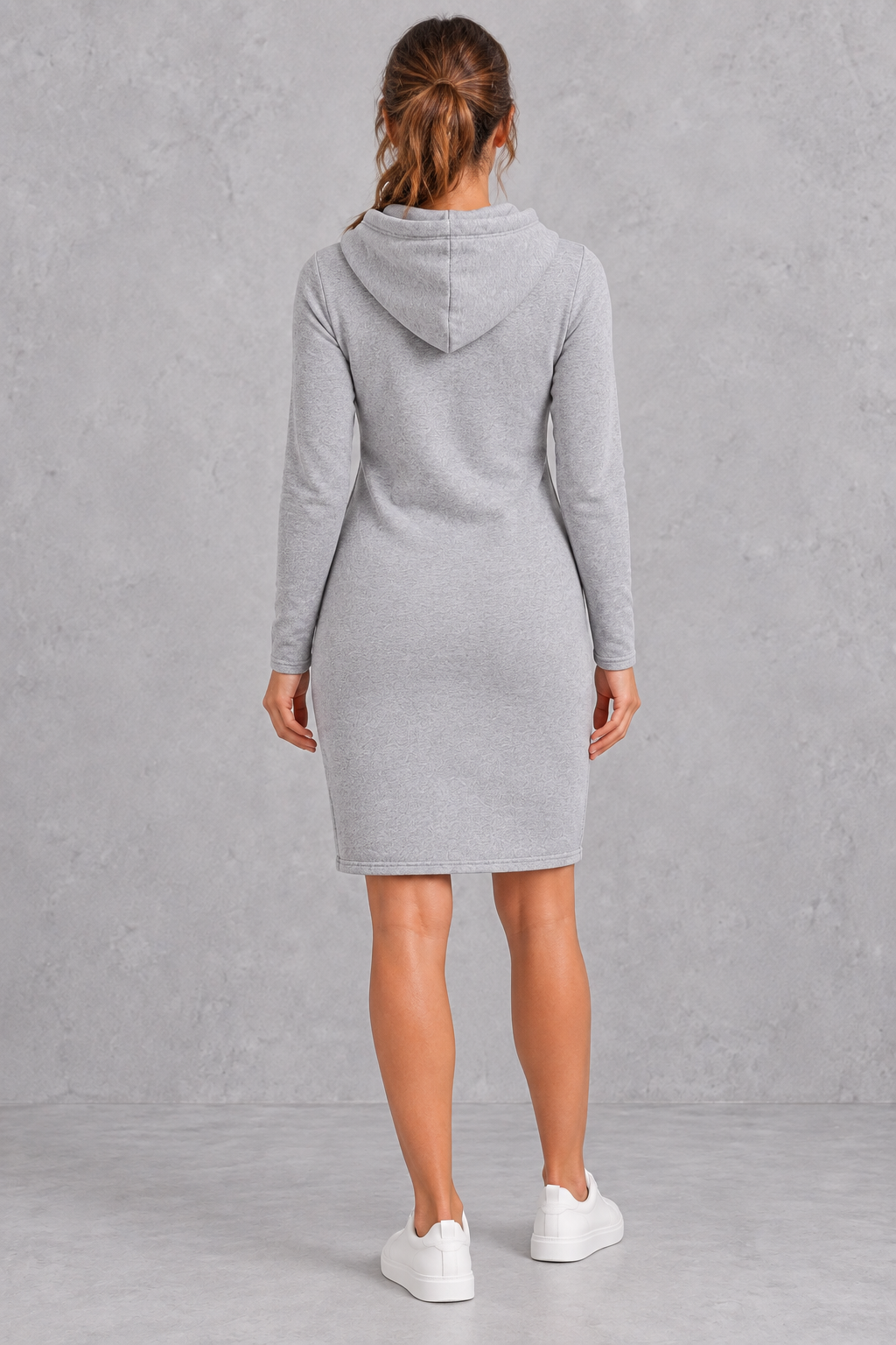 Women's grey hoodie dress with hood – back view