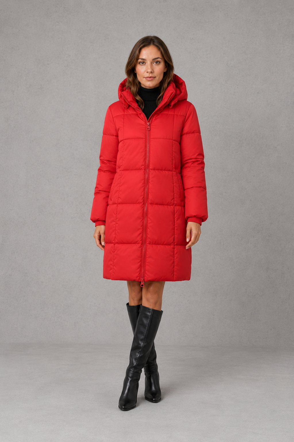 Women’s hooded puffer coat with lightweight insulated padding, structured hood and a flattering feminine silhouette for cold-weather wear.