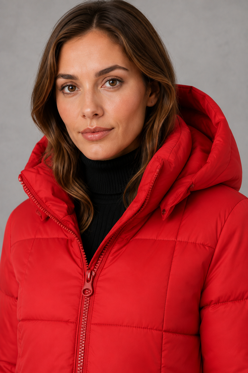 Women’s hooded puffer coat with lightweight insulated padding, structured hood and a flattering feminine silhouette for cold-weather wear.