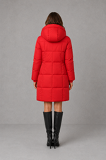 Women’s hooded puffer coat with lightweight insulated padding, structured hood and a flattering feminine silhouette for cold-weather wear.