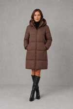 Women’s hooded puffer coat with lightweight insulated padding, structured hood and a flattering feminine silhouette for cold-weather wear.