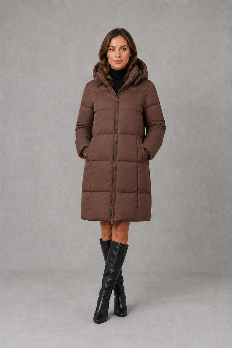 Women’s hooded puffer coat with lightweight insulated padding, structured hood and a flattering feminine silhouette for cold-weather wear.