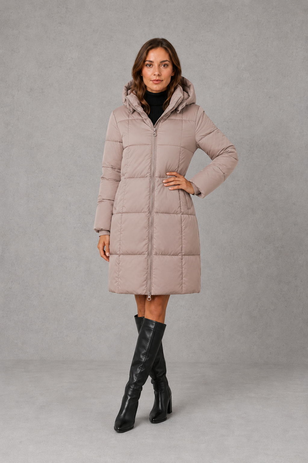 Women’s hooded puffer coat with lightweight insulated padding, structured hood and a flattering feminine silhouette for cold-weather wear.