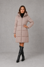 Women’s hooded puffer coat with lightweight insulated padding, structured hood and a flattering feminine silhouette for cold-weather wear.