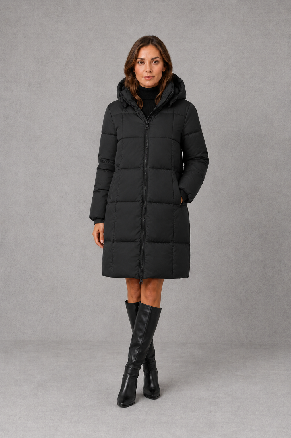 Women’s hooded puffer coat with lightweight insulated padding, structured hood and a flattering feminine silhouette for cold-weather wear.