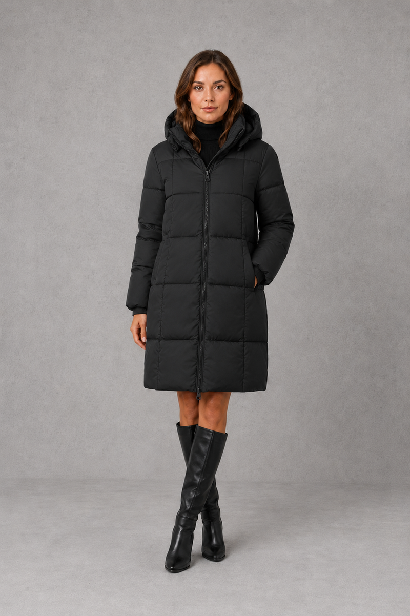 Women’s hooded puffer coat with lightweight insulated padding, structured hood and a flattering feminine silhouette for cold-weather wear.