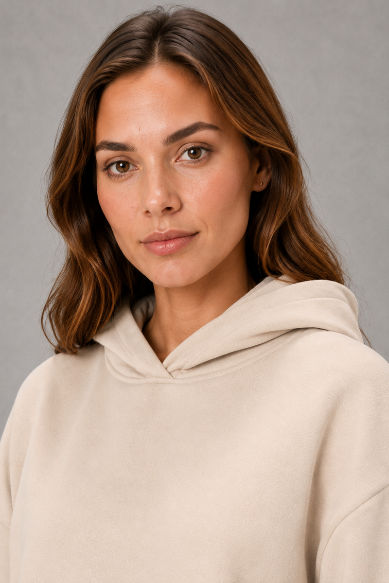 Women’s casual two piece tracksuit with relaxed drawstring hoodie and matching tapered cuffed joggers.