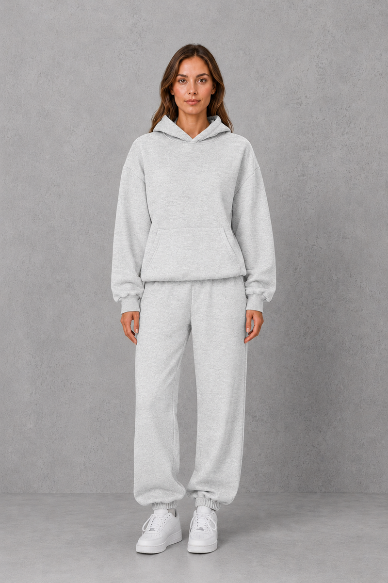 Women’s casual two piece tracksuit with relaxed drawstring hoodie and matching tapered cuffed joggers.