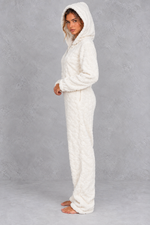 Women’s teddy fleece jumpsuit with a plush fluffy texture, large hood, full-length zip, long sleeves and relaxed one-piece silhouette.