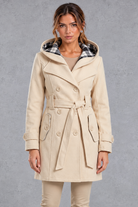 Women's Hooded Trench Coat – Double-Breasted Design & Adjustable Belt – Beige – front view