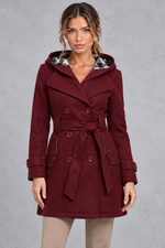 Women's Hooded Trench Coat – Double-Breasted Design & Adjustable Belt – Burgundy – front view