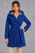Women's Hooded Trench Coat – Double-Breasted Design & Adjustable Belt – Blue – front view