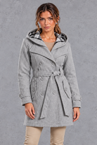 Women's Hooded Trench Coat – Double-Breasted Design & Adjustable Belt – Grey – front view
