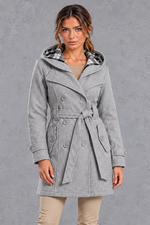Women's Hooded Trench Coat – Double-Breasted Design & Adjustable Belt – Grey – front view