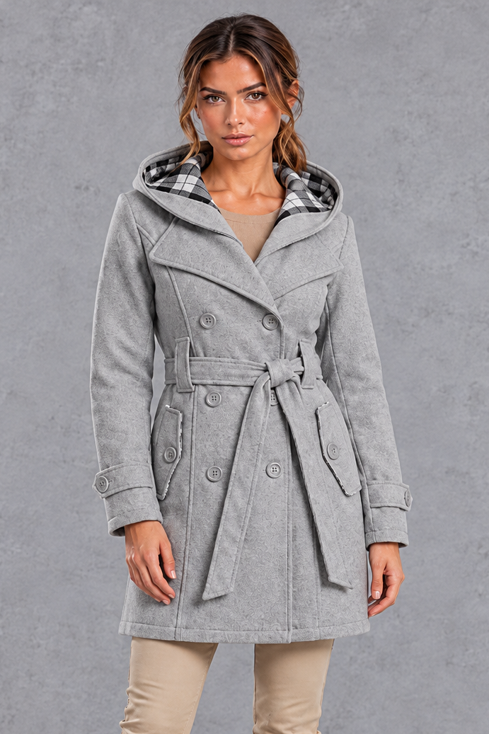 Women's Hooded Trench Coat – Double-Breasted Design & Adjustable Belt – Grey – front view