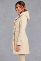 Women's Hooded Trench Coat – Double-Breasted Design & Adjustable Belt – Beige – side view