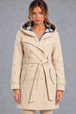 Women's Hooded Trench Coat – Double-Breasted Design & Adjustable Belt – Beige – detail view