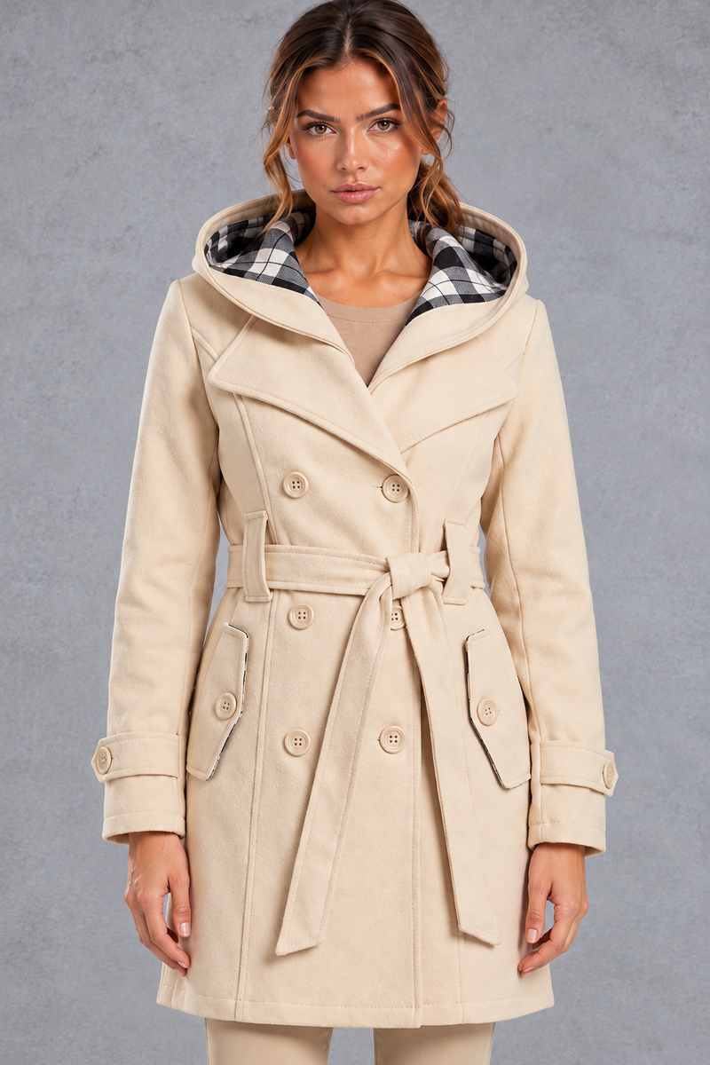 Women's Hooded Trench Coat – Double-Breasted Design & Adjustable Belt – Beige – detail view