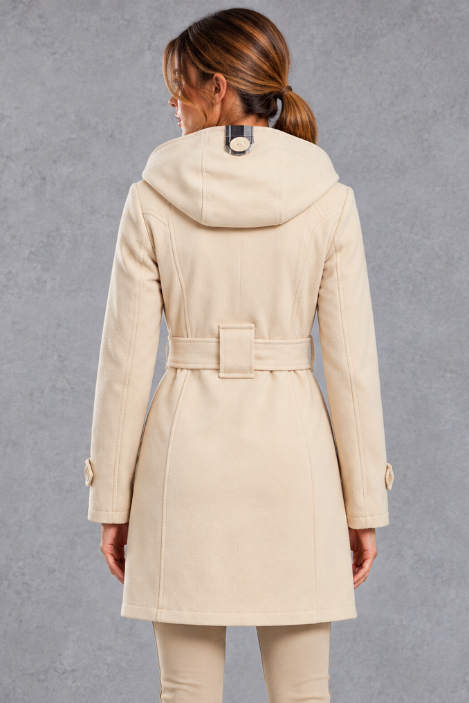 Women's Hooded Trench Coat – Double-Breasted Design & Adjustable Belt – Beige – back view