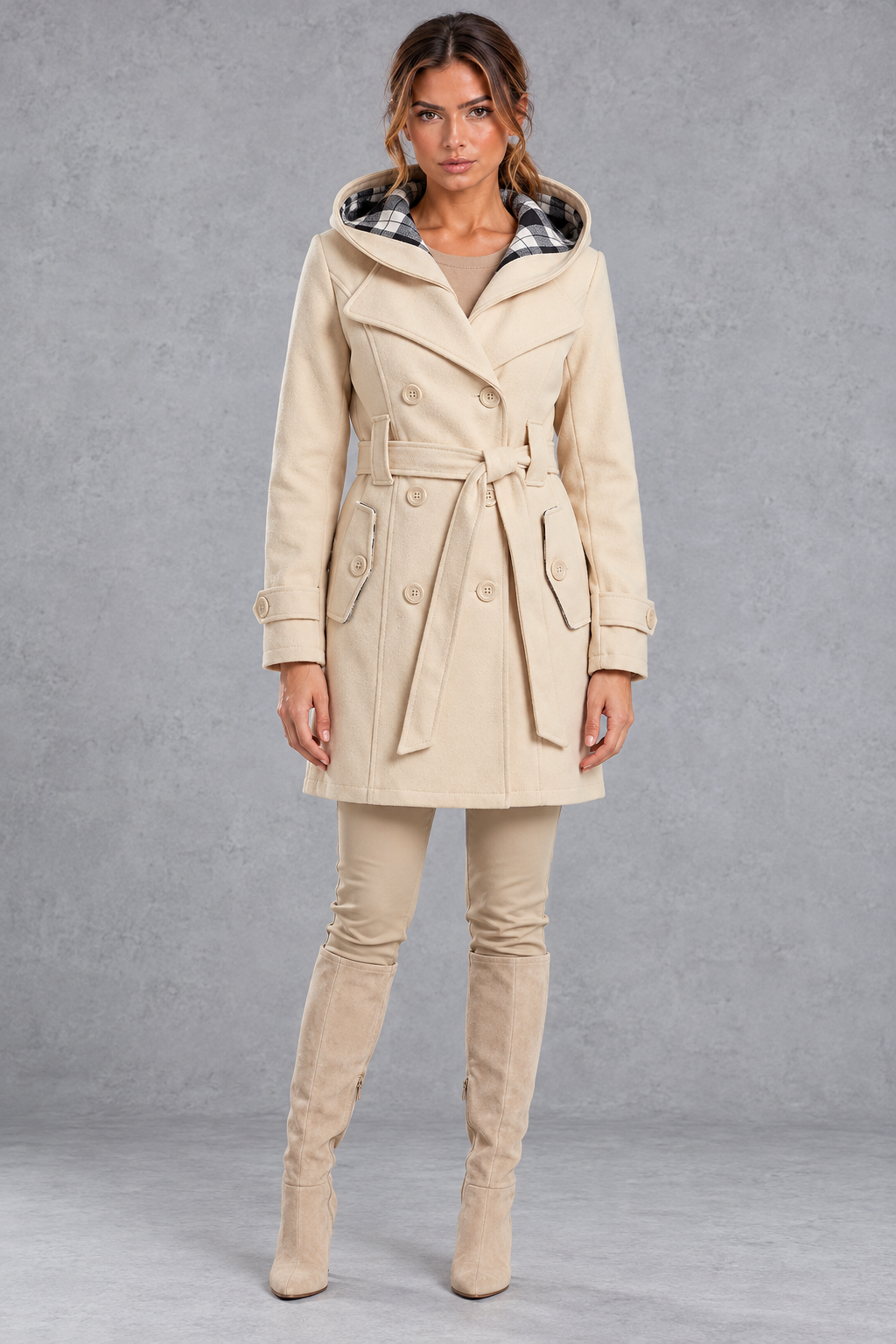 Women's Hooded Trench Coat – Double-Breasted Design & Adjustable Belt – Beige – full-length front view
