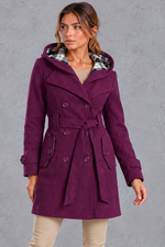 Women's Hooded Trench Coat – Double-Breasted Design & Adjustable Belt – Purple – front view