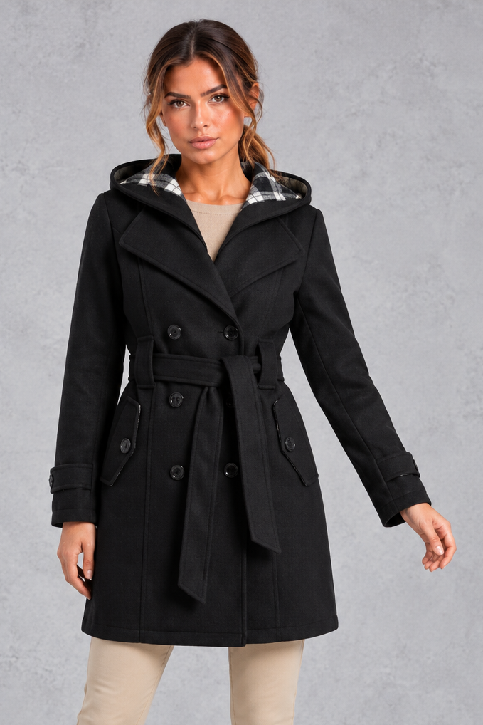 Women's Hooded Trench Coat – Double-Breasted Design & Adjustable Belt – Black – front view
