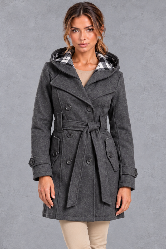 Women's Hooded Trench Coat – Double-Breasted Design & Adjustable Belt – Dark Grey – front view