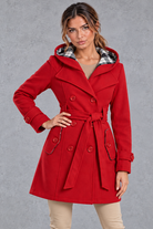Women's Hooded Trench Coat – Double-Breasted Design & Adjustable Belt – Red – front view