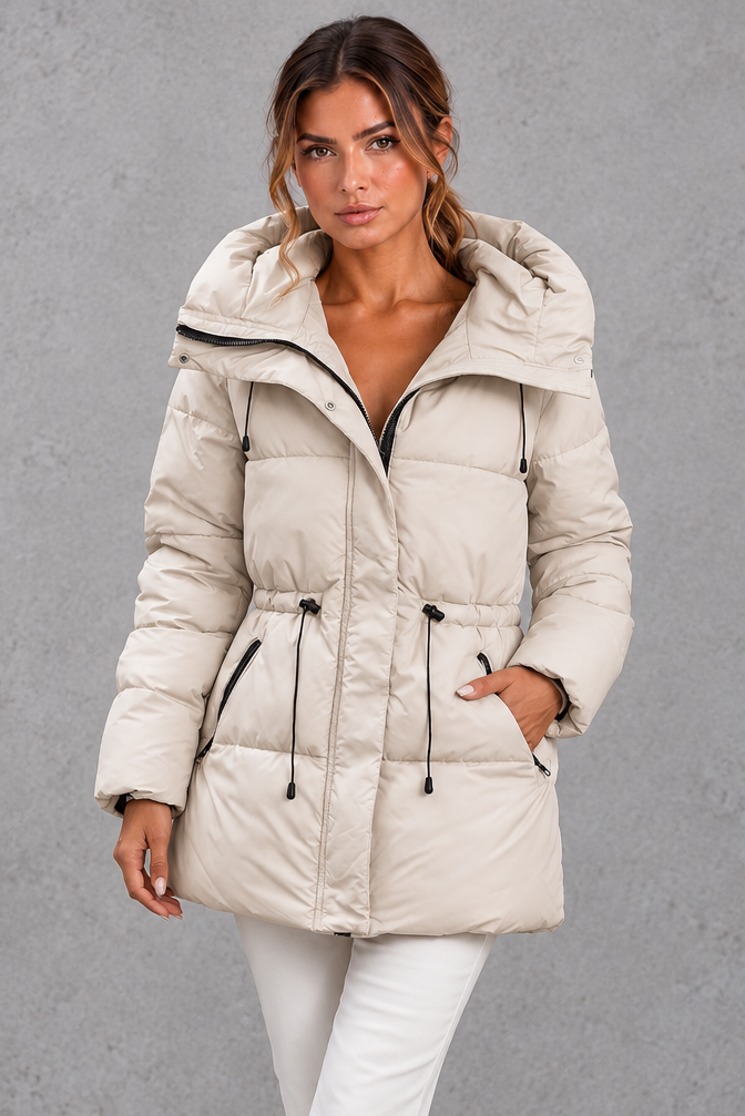 Women's off white hooded puffer jacket with drawstring waist – front view