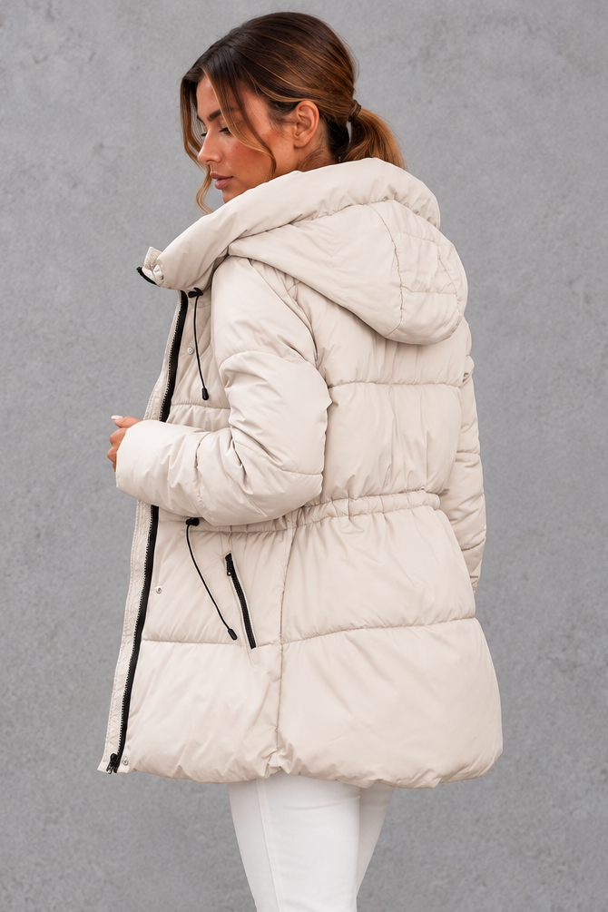 Women's off white hooded puffer jacket with drawstring waist – side view showing the hood
