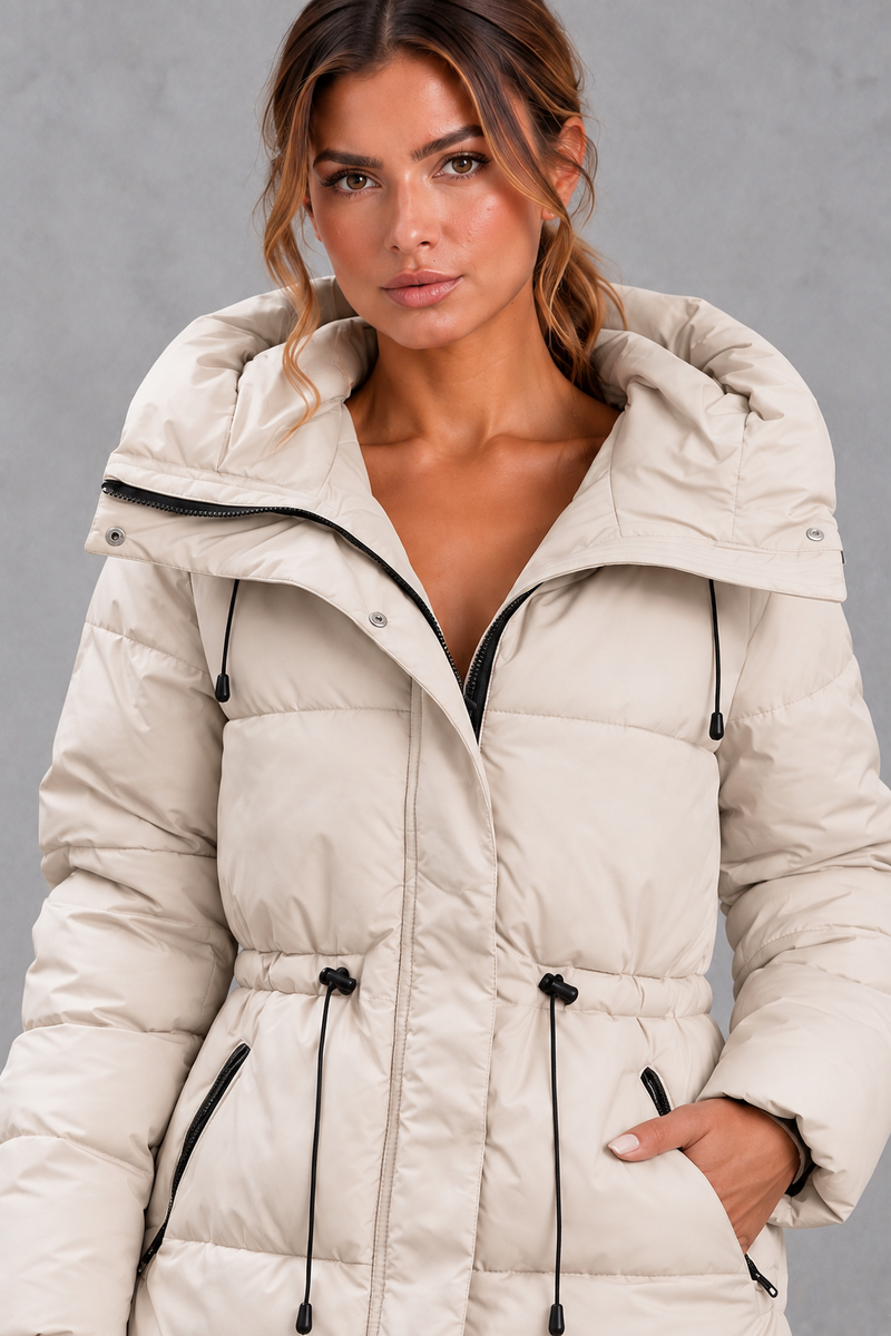 Women's off white hooded puffer jacket – close-up of funnel neck, zip and drawstring waist