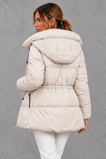 Women's off white hooded puffer jacket with drawstring waist – back view