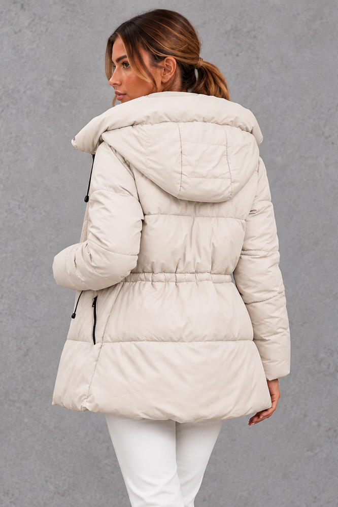 Women's off white hooded puffer jacket with drawstring waist – back view