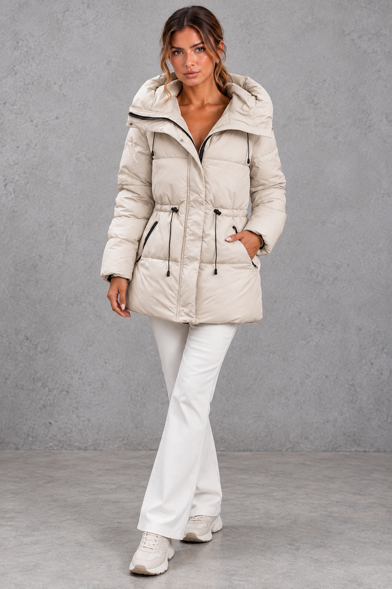 Women's off white hooded puffer jacket with drawstring waist – full-length front view