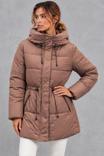 Women's coffee hooded puffer jacket with drawstring waist – front view