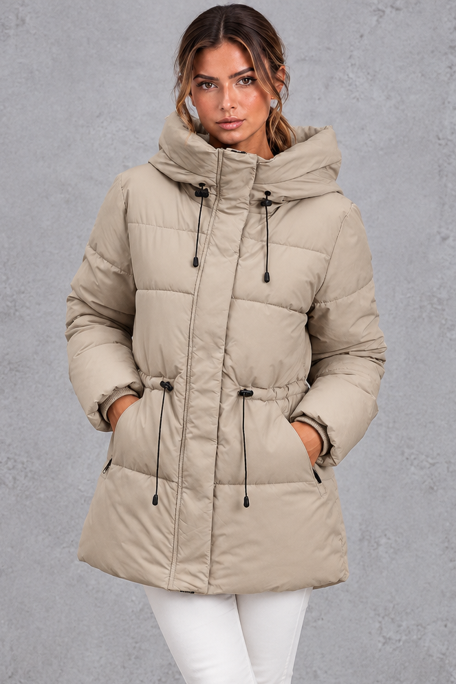 Women's khaki hooded puffer jacket with drawstring waist – front view