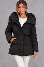 Women's black hooded puffer jacket with drawstring waist – front view