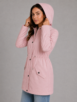 Women’s hooded water-resistant parka with an adjustable drawstring waist, longline fit, storm flap and practical front pockets.
