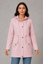 Women’s hooded water-resistant parka with an adjustable drawstring waist, longline fit, storm flap and practical front pockets.