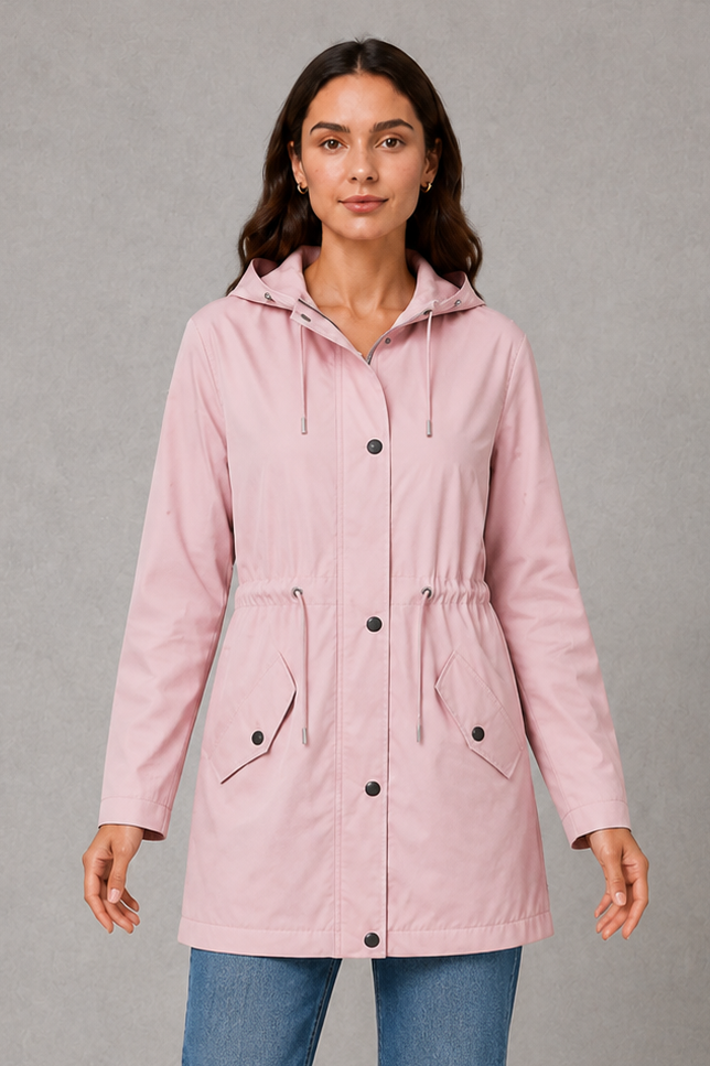 Women’s hooded water-resistant parka with an adjustable drawstring waist, longline fit, storm flap and practical front pockets.