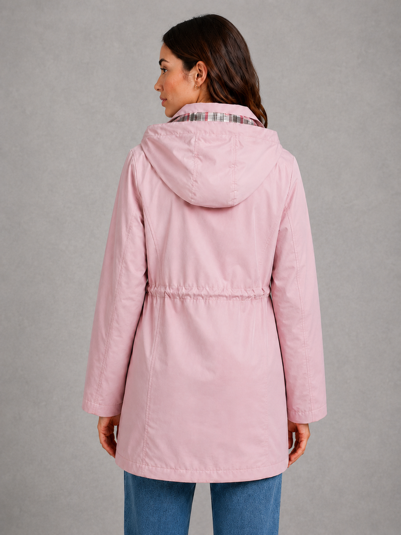 Women’s hooded water-resistant parka with an adjustable drawstring waist, longline fit, storm flap and practical front pockets.