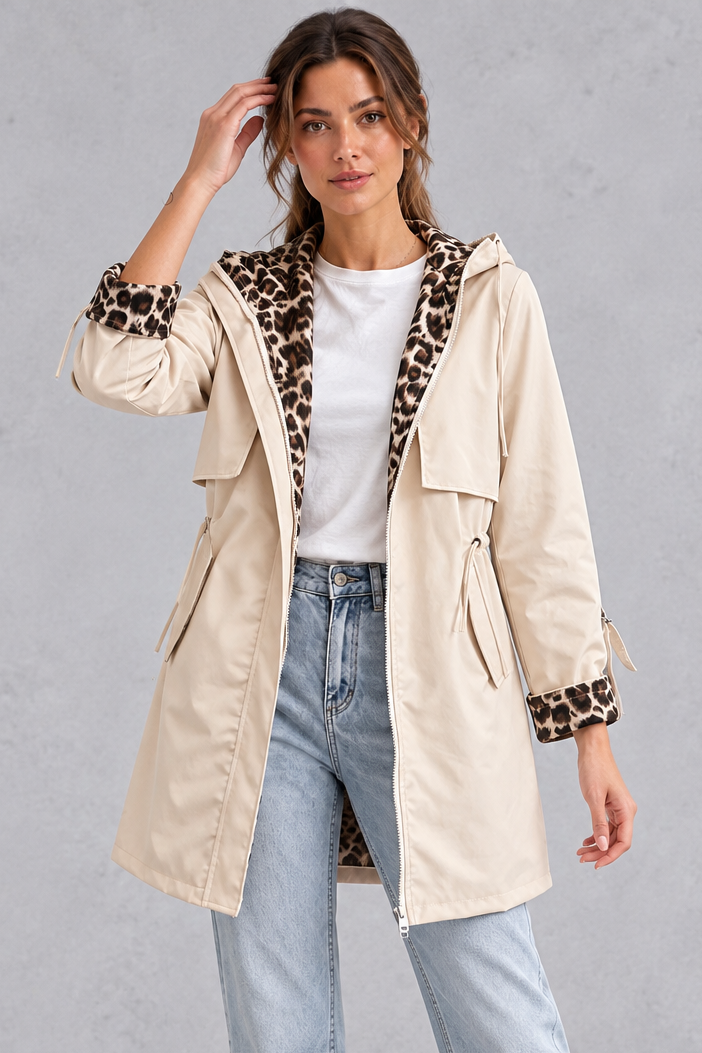Women's cream hooded windproof jacket with leopard print lining and drawstring waist – front view