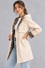 Women's cream hooded windproof jacket with leopard print lining – side view