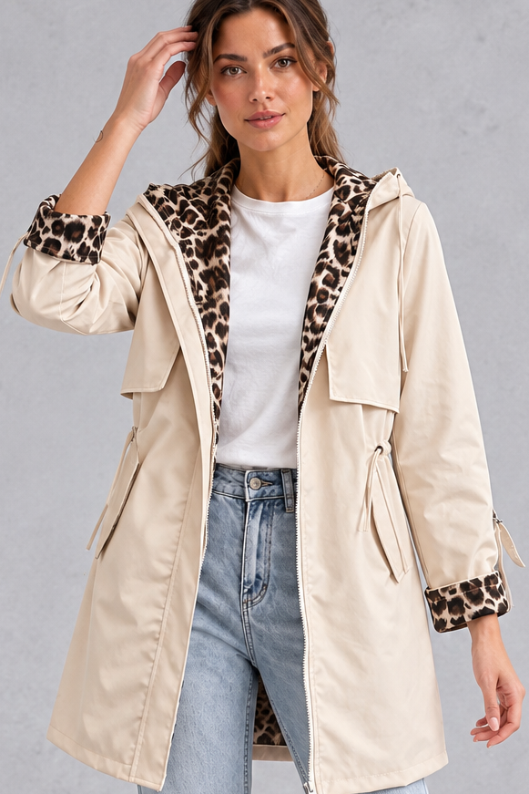Women's cream hooded windproof jacket – close-up of leopard print lined hood and cuffs