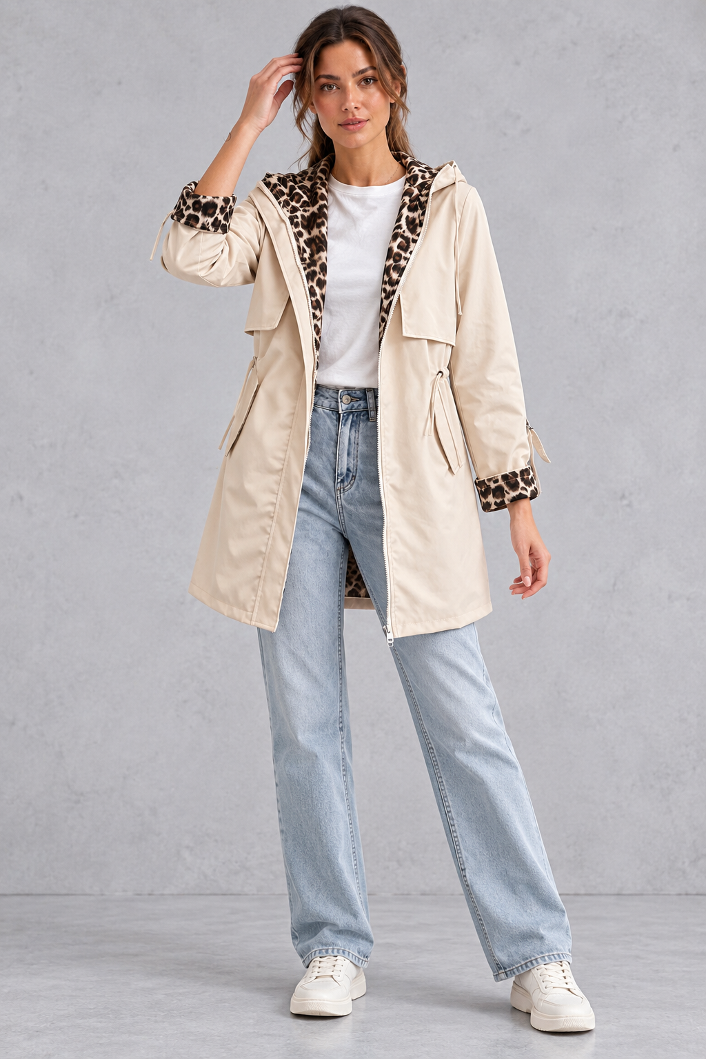Women's cream hooded windproof jacket with leopard print lining – full-length front view